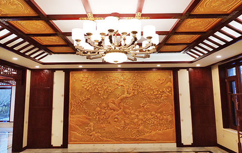 定安中式别墅客厅中式木作横梁吊顶装饰展示